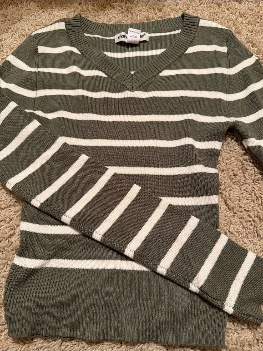 Charlotte Russe Olive Green & White Striped V-Neck Long Sleeve Top